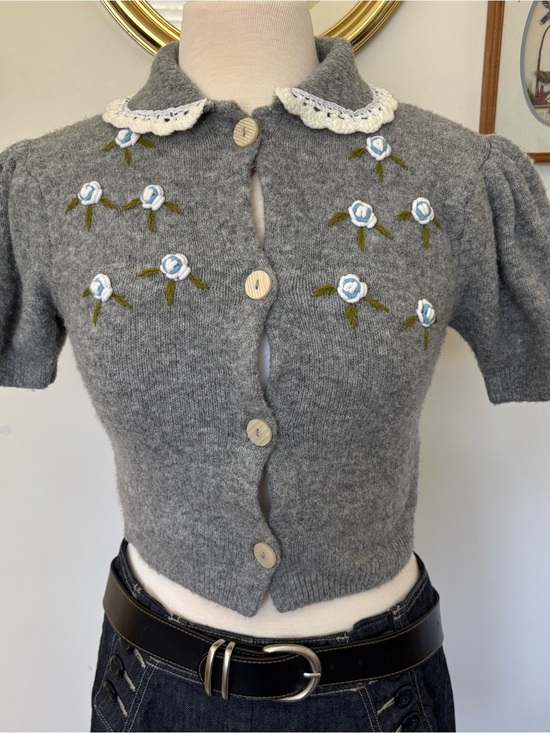 Kimchi Blue Sweaters - Kimchi Blue Gray Short-Sleeve Embroidered Button Cardigan